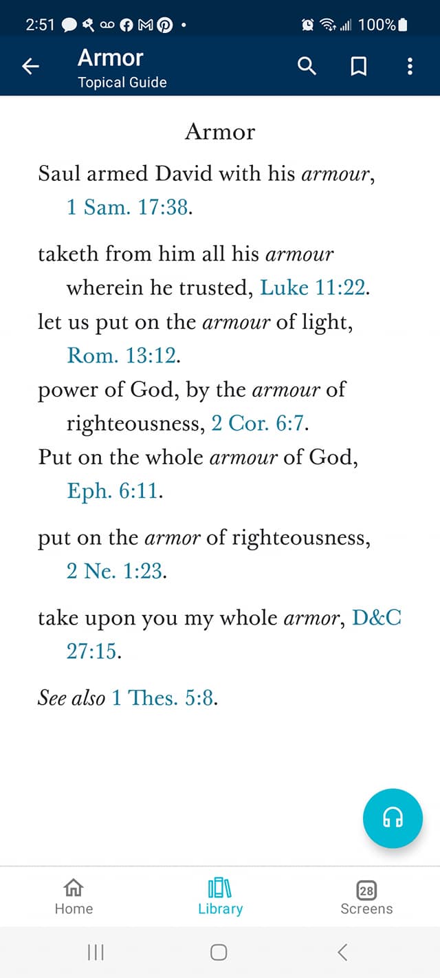 ORIG screenshot Gospel Library Topical Guide The Armor of God pics index
